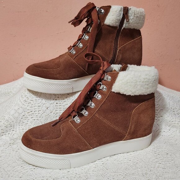Steve Madden Women's Suede Wedge Sneaker Lakes Cognac Sue Faux Fur Lining Size 7 - Picture 1 of 8